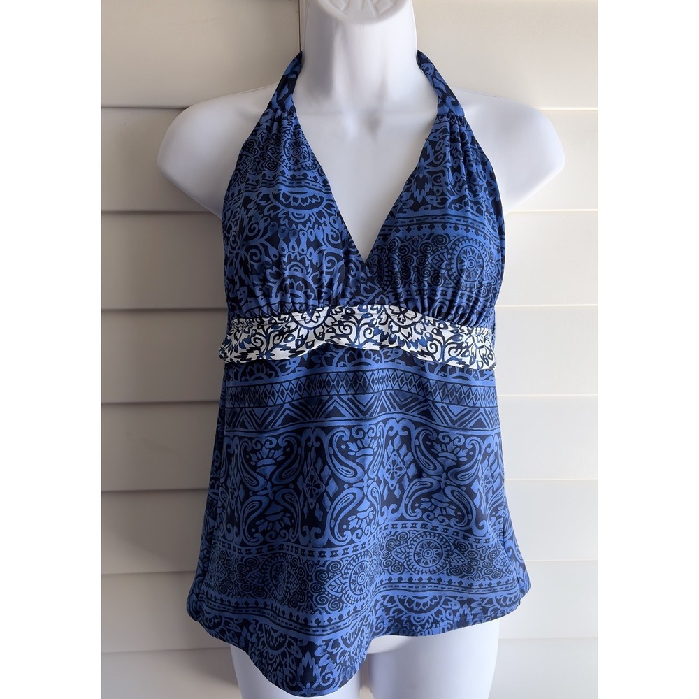 Lands' End Swimsuit Tankini Top Size 10 Blue Paisley Halter Bra Padded Boho